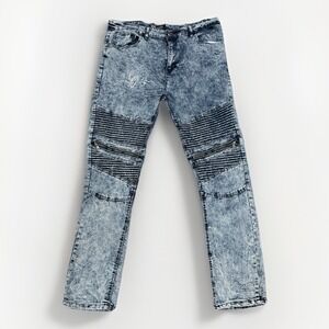 ROK Men's‎ Moto Jeans 38x32 Acid Wash Blue Ribbed Biker Slim Fit Denim
